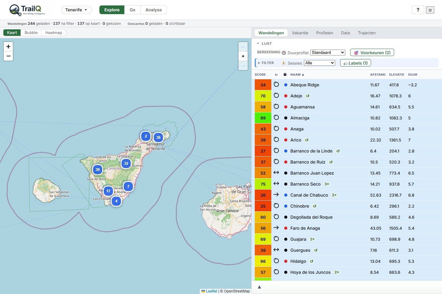 TrailQ in Explore: de kaart van Tenerife links, de lijst met scores rechts