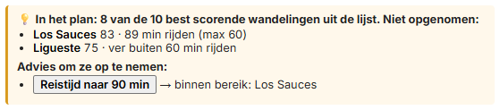 Het blok met de wandelingen die niet in het plan staan en het advies