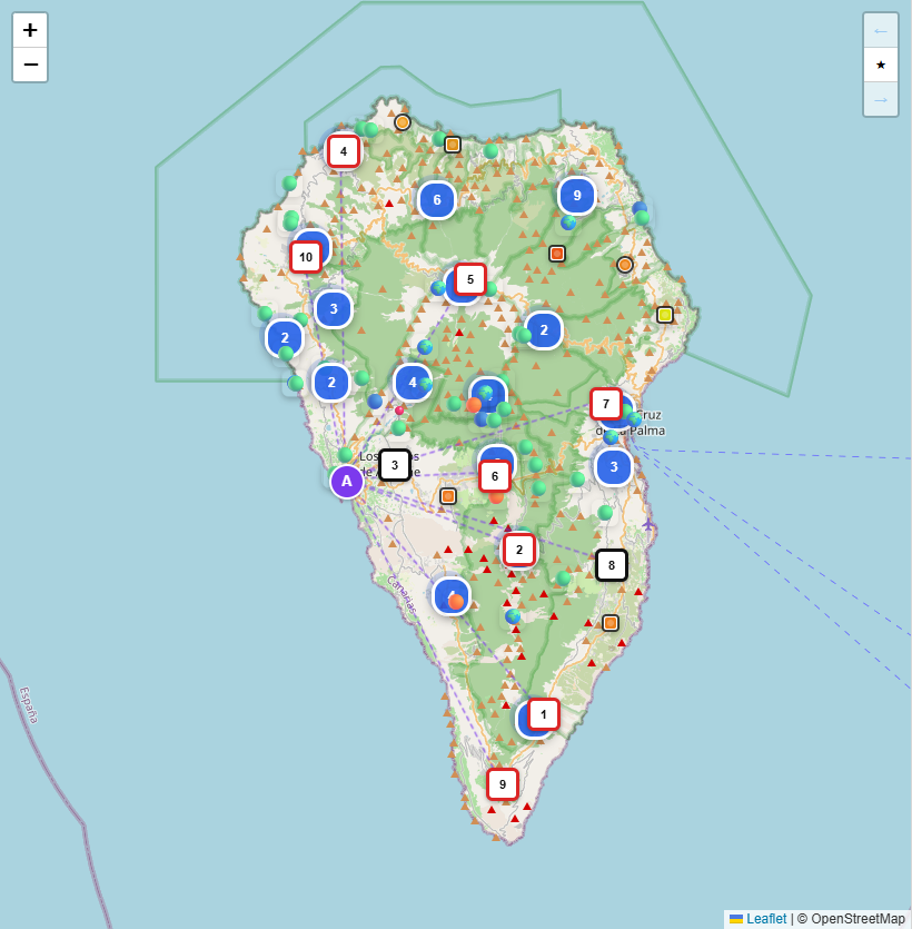 Kaart van La Palma met de genummerde dagen en verblijf A