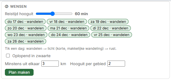 Het blok Wensen: reistijd, dagen, oplopend, spreiding