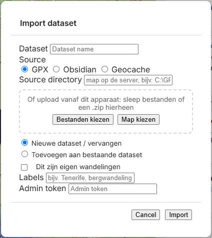Het venster Import dataset