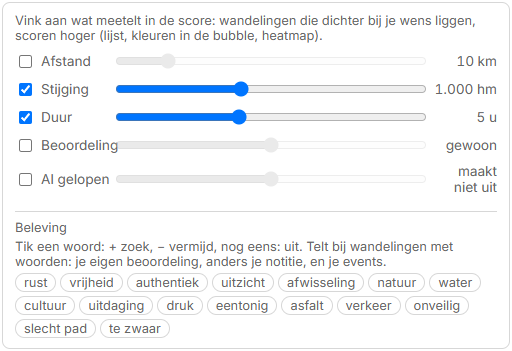 Het paneel Voorkeuren met afstand, stijging, duur, beoordeling en beleving